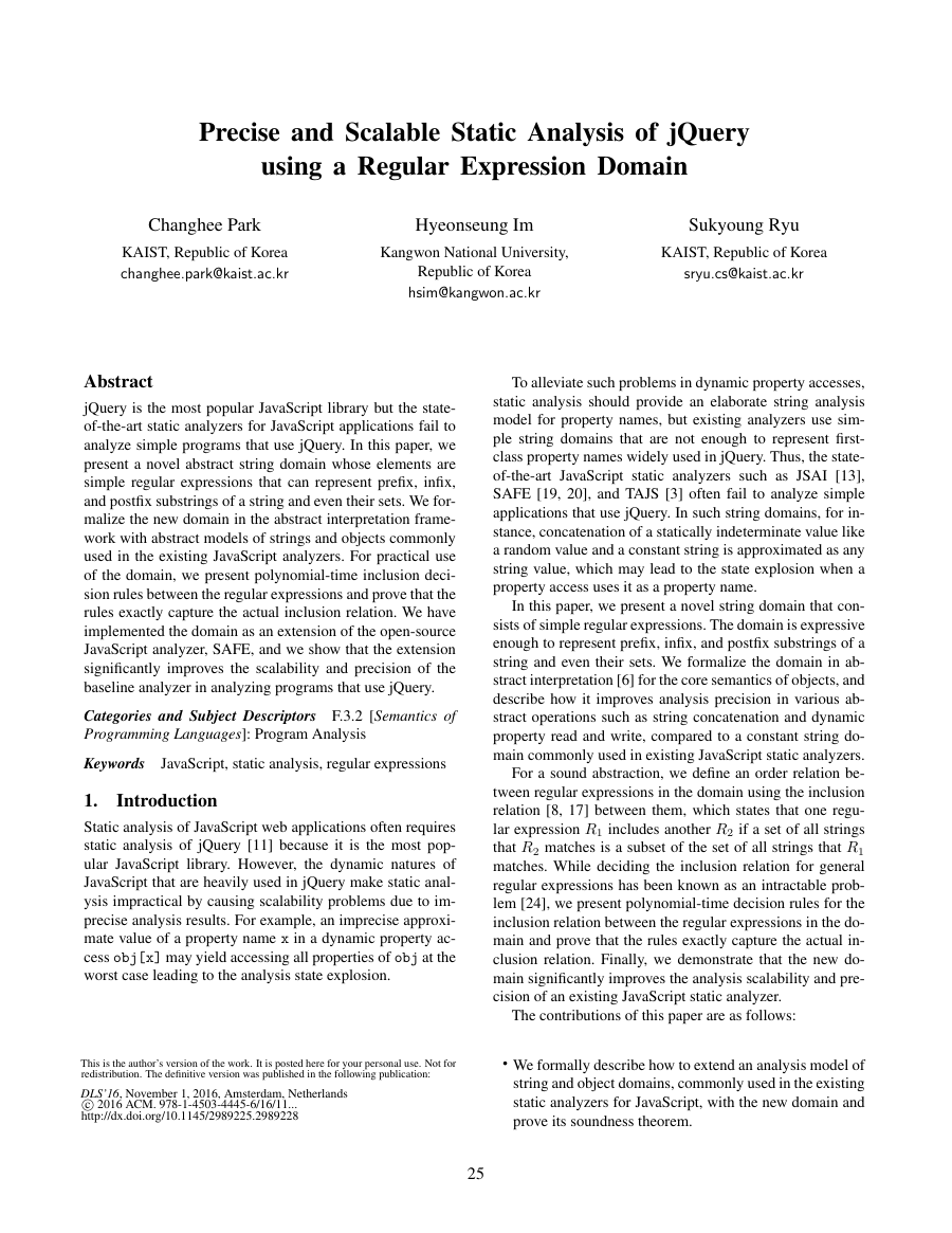 Precise and Scalable Static Analysis of jQuery using a Regular Expression Domain