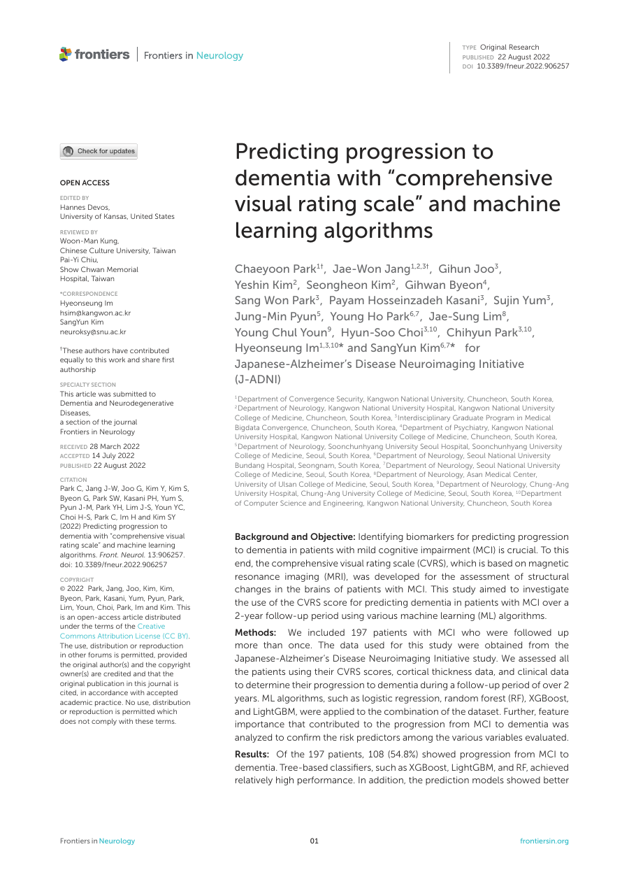 Predicting Progression to Dementia with Comprehensive Visual Rating Scale and Machine Learning Algorithms