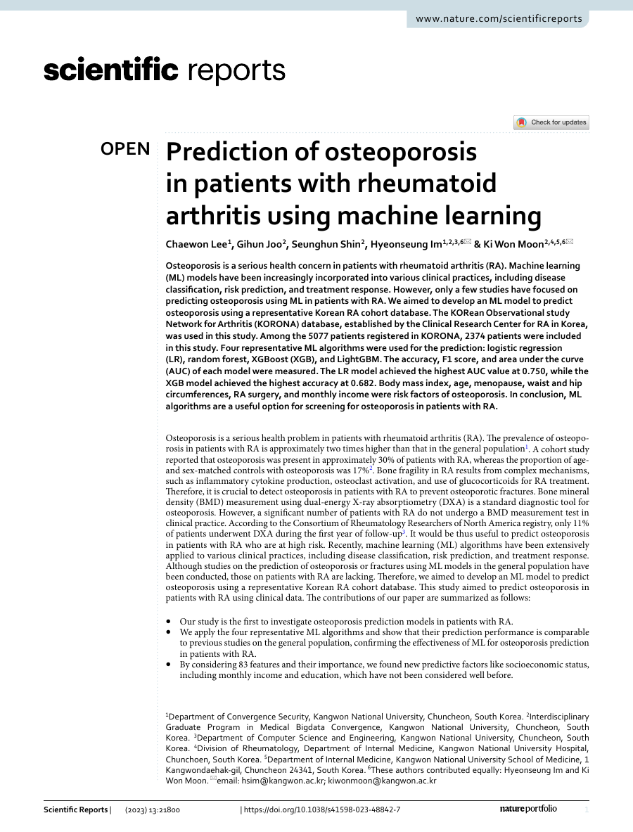 Prediction of osteoporosis in patients with rheumatoid arthritis using machine learning