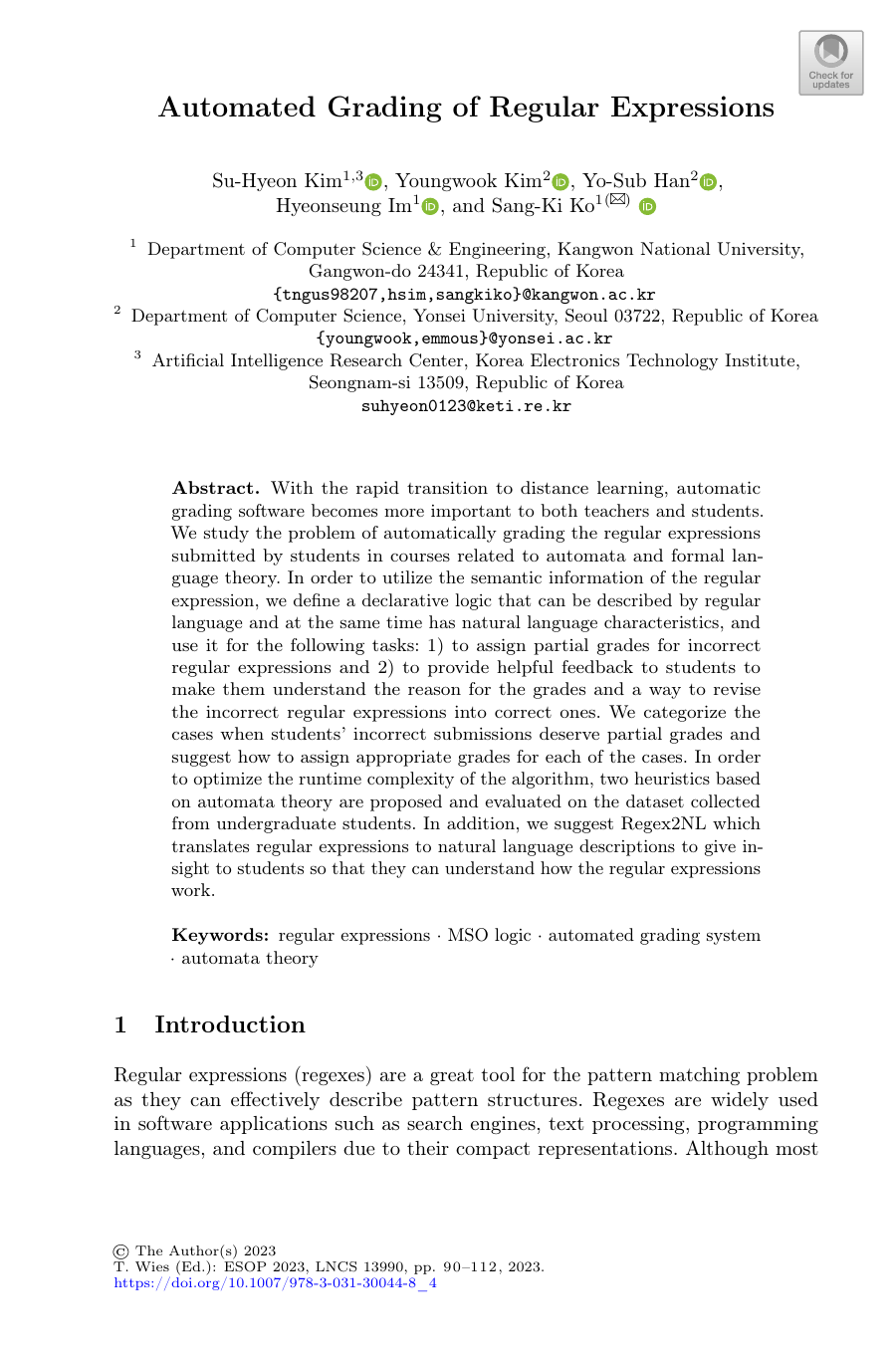Automated Grading of Regular Expressions