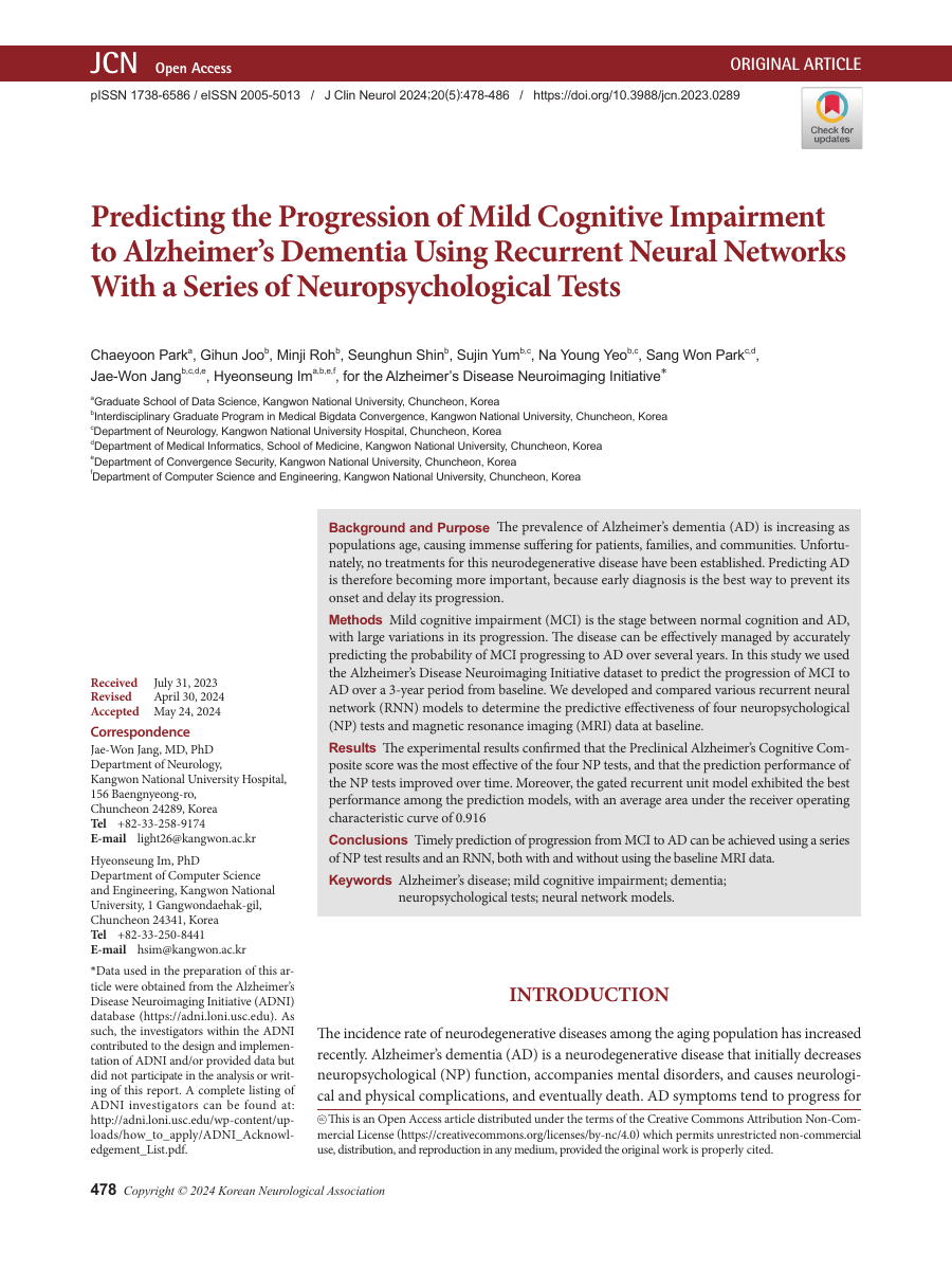Predicting the Progression of Mild Cognitive Impairment to Alzheimer s Dementia Using Recurrent Neural Networks With a Series of Neuropsychological Tests